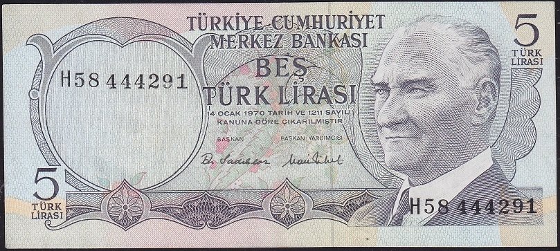 6.Emisyon 2.Tertip 5 Lira H58 444291 Çok Temiz+