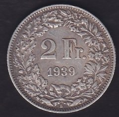İSVİÇRE 2 FRANK 1939 GÜMÜŞ