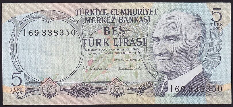 6.Emisyon 2.Tertip 5 Lira I69 338350 Çok Temiz+