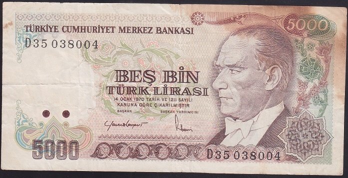 7.EMİSYON 2.TERTİP 5000 LİRA D35 038004 TEMİZ