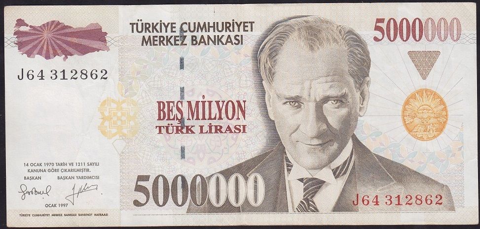 7.Emisyon 5 000 000 Lira J64 312862 Çok Temiz+