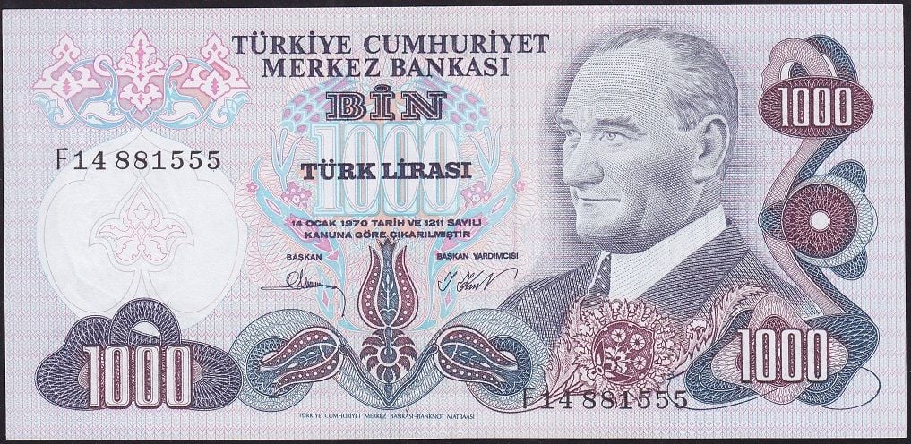6.Emisyon 3.Tertip 1000 Lira F14 881555 Çilaltı