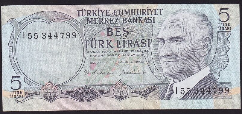6.Emisyon 2.Tertip 5 Lira I55 344799 Çok Temiz+