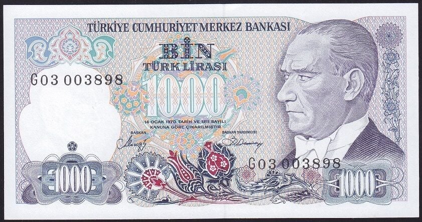 7.Emisyon 2.Tertip 1000 Lira G03 003898 Çil