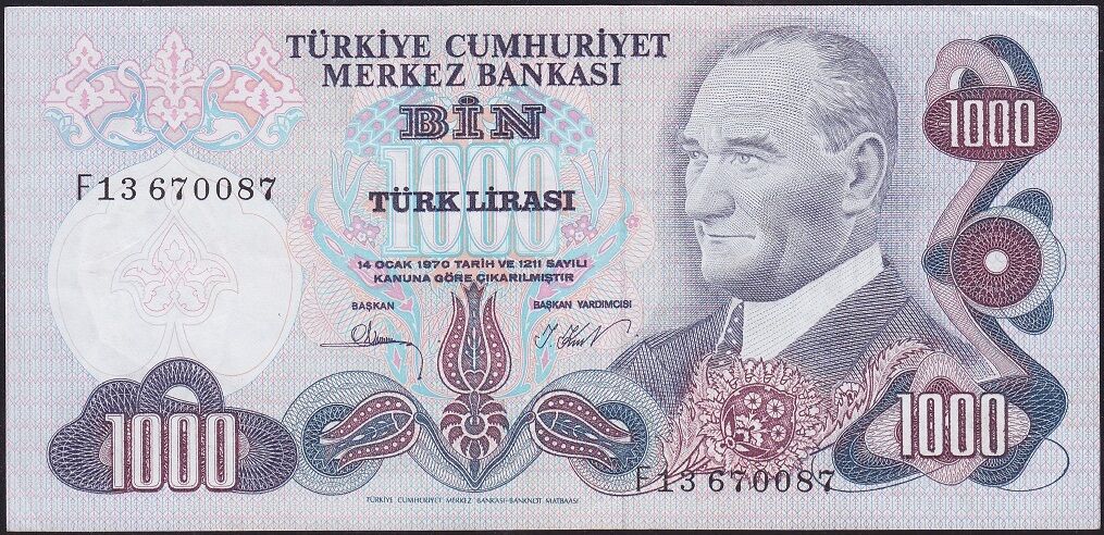 6.Emisyon 3.Tertip 1000 Lira F13 670087 Ççt Çilaltı