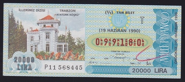 1990 19 HAZİRAN TAM BİLET ATATÜRK KÖŞKÜ TRABZON