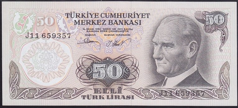 6.EMİSYON 2.TERTİP 50 LİRA J11 659357 ÇİL eski kağıt para değerleri