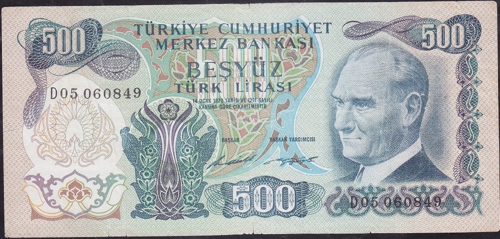 6.Emisyon 1.Tertip 500 Lira D05 060849 Çok Temiz ( Düzlenmiş )