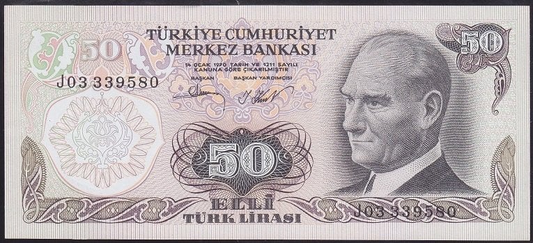 6.EMİSYON 2.TERTİP 50 LİRA J03 339580 ÇİLALTI
