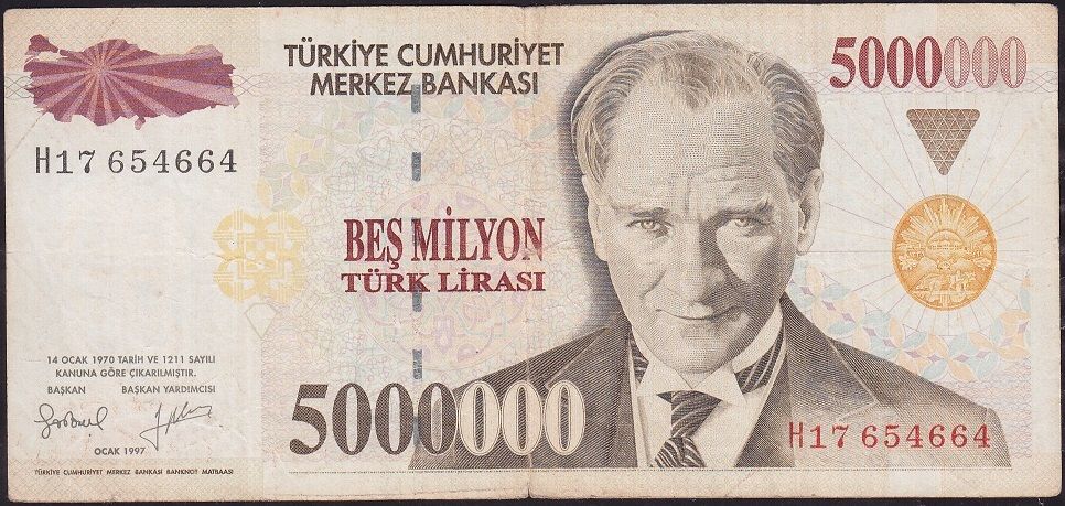 7.Emisyon 5 000 000 Lira H17 654664 Çok Temiz