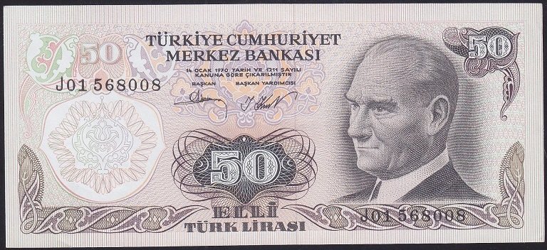6.EMİSYON 2.TERTİP 50 LİRA J01 568008 ÇİLALTI