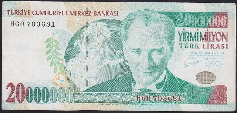 7.EMİSYON 20 000 000 LİRA H60 703681 ÇOK TEMİZ + eski kağıt para koleksiyon