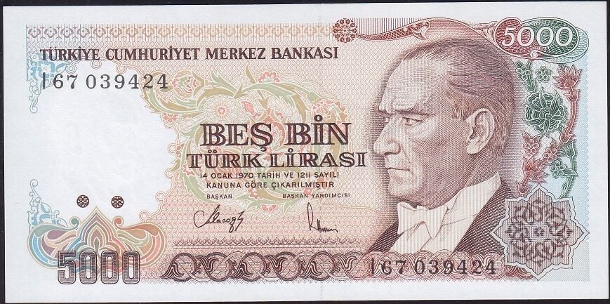 7.Emisyon 4.Tertip 5000 Lira I67 039424 Çilaltı