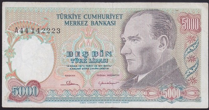 7.EMİSYON 1.TERTİP 5000 LİRA A44 142223 ÇOK TEMİZ