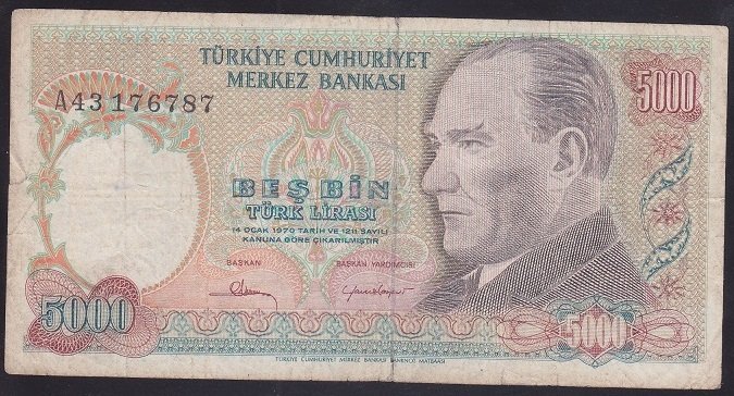 7.EMİSYON 1.TERTİP 5000 LİRA A43 176787 ÇOK TEMİZ