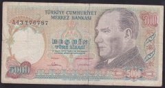 7.EMİSYON 1.TERTİP 5000 LİRA A43 176787 ÇOK TEMİZ