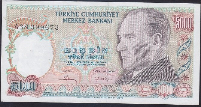 7.EMİSYON 1.TERTİP 5000 LİRA A38 399673 ÇÇT +