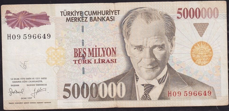 7.Emisyon 5 000 000 Lira H09 596649 Çok Temiz