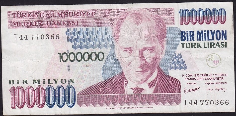 7.Emisyon 3.Tertip 1 000 000 Lira T44 770366 Çok Temiz