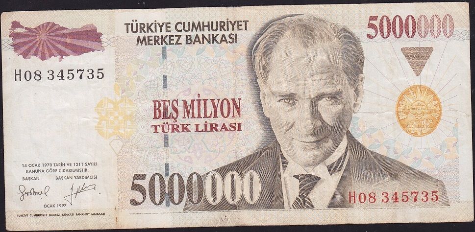 7.Emisyon 5 000 000 Lira H08 345735 Çok Temiz