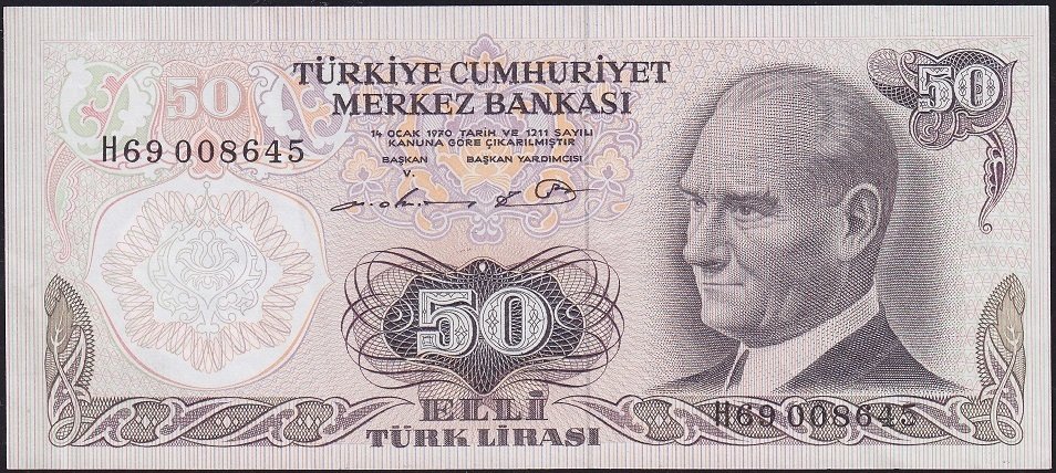 6.Emisyon 1.Tertip 50 Lira H69 008645 Çok Çok Temiz