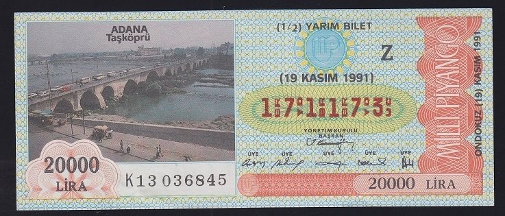 1991 19 KASIM YARIM BİLET ADANA TAŞKÖPRÜ