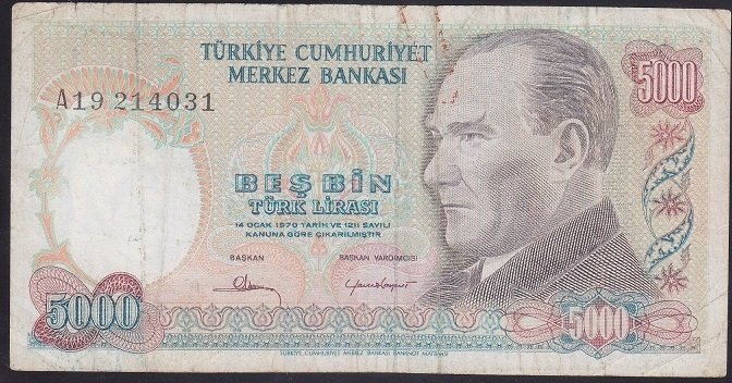 7.EMİSYON 1.TERTİP 5000 LİRA A19 214031 TEMİZ +