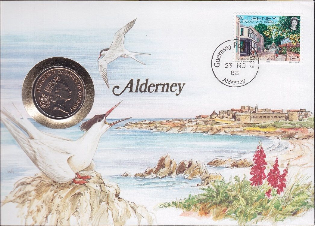 Guernsey ( Alderney )  10 Pence 1988 İlk Gün Zarfında Damgalı Pullu