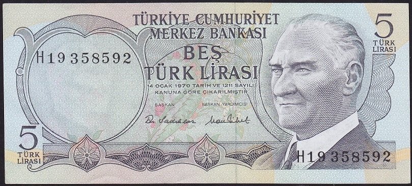 6.Emisyon 2.Tertip 5 Lira H19 358592 Çok Çok Temiz+