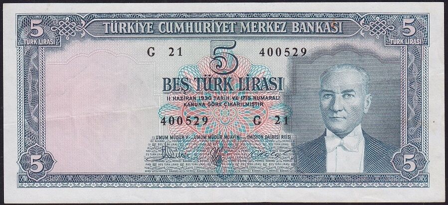 5.Emisyon 3.Tertip 5 Lira G21 400529 Çok Temiz+