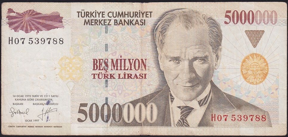 7.Emisyon 5 000 000 Lira H07 539788 Çok Temiz