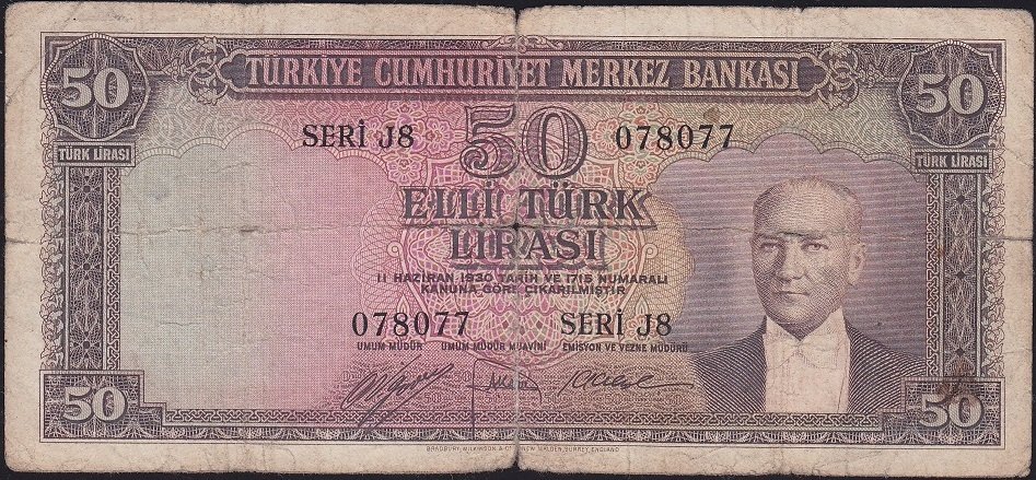 5.Emisyon 2.Tertip 50 Lira J8 078077 Haliyle