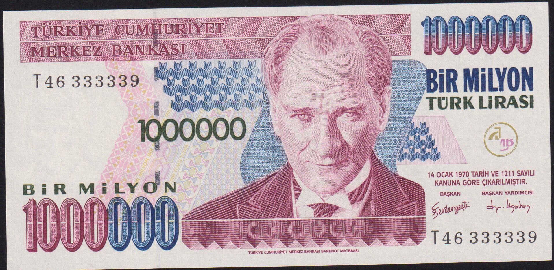 7.Emisyon 3.Tertip 1000000 Lira T46 333339 Çil
