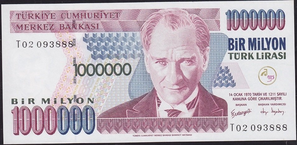 7.Emisyon 3.Tertip 1 000 000 Lira T02 093888 Çil