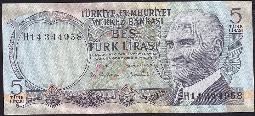 6.Emisyon 2.Tertip 5 Lira H14 344958 Ççt Çilaltı