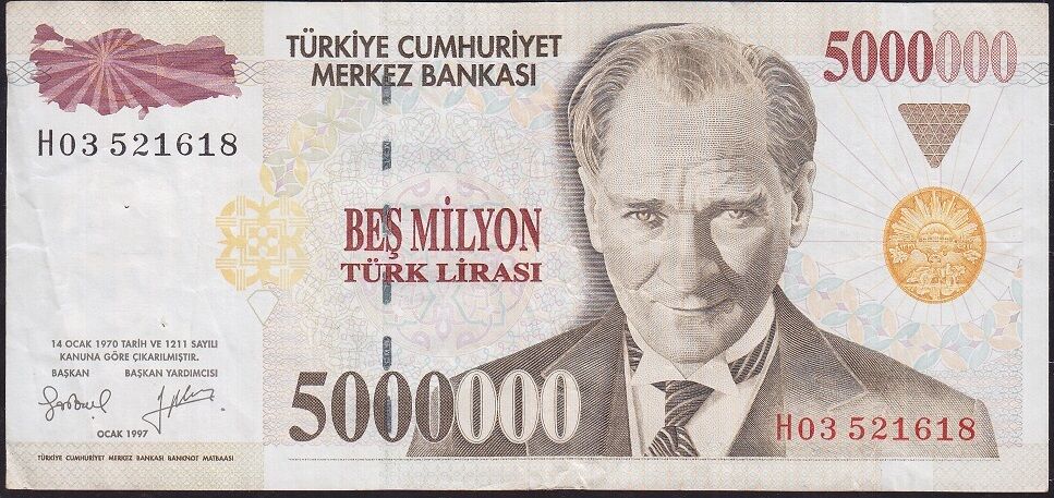 7.Emisyon 5 000 000 Lira H03 521618 Çok Temiz