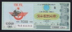 1992 29 EYLÜL ÇEYREK BİLET TCDD 136.YIL