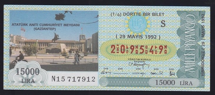 1992 29 MAYIS ÇEYREK BİLET GAZİANTEP