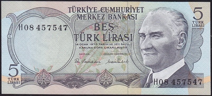6.Emisyon 2.Tertip 5 Lira H08 457547 Çilaltı Çil
