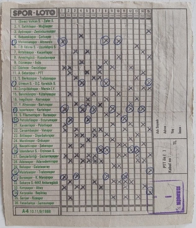 Spor Loto Kuponu 1988