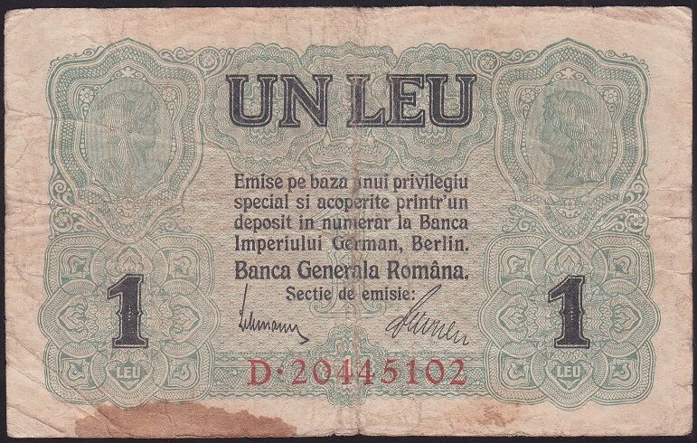 Romanya 1 Leu 1917 Çok Temiz Pick 3 - Alman İşgali
