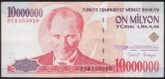 7.Emisyon 10 000 000 Lira B74 653010 Çok Temiz+