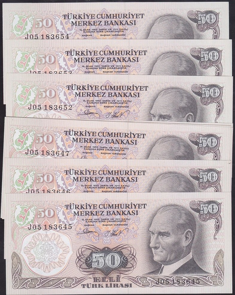 6.EMİSYON 2.TERTİP 50 LİRA J05183645 - 654 SERİ TAKİPLİ 10 ADET ÇİL
