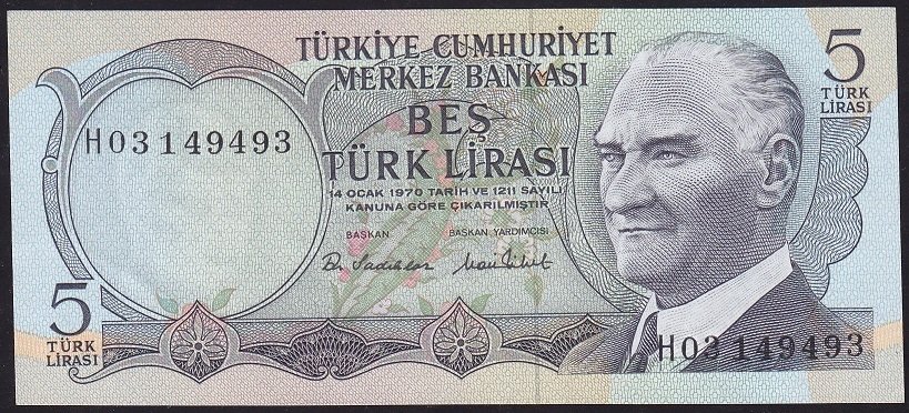 6.Emisyon 2.Tertip 5 Lira H03 149493 Çilaltı