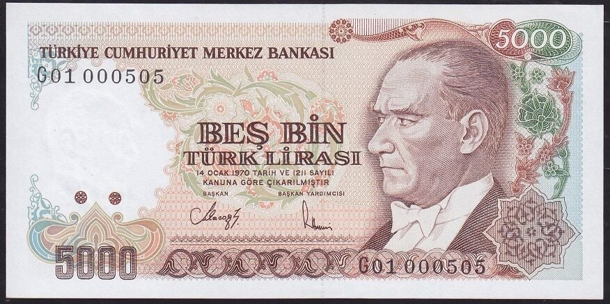 7.Emisyon 4.Tertip 5000 Lira G01 000505 Çil İlk Binde