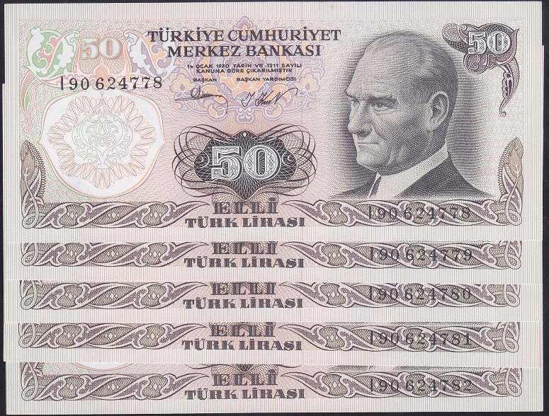 6.EMİSYON 2.TERTİP 50 LİRA I90 624778 - 782 SERİ TAKİPLİ 5 ADET ÇİL