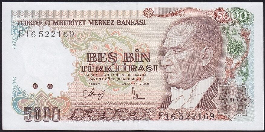 7.Emisyon 3.Tertip 5000 Lira F16 522169 Çilaltı