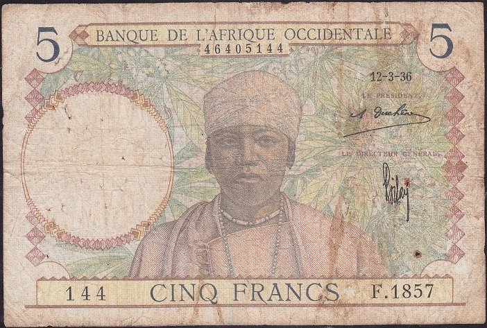 Fransız Batı Afrikası 5 Frank 1936 Temiz Pick 21