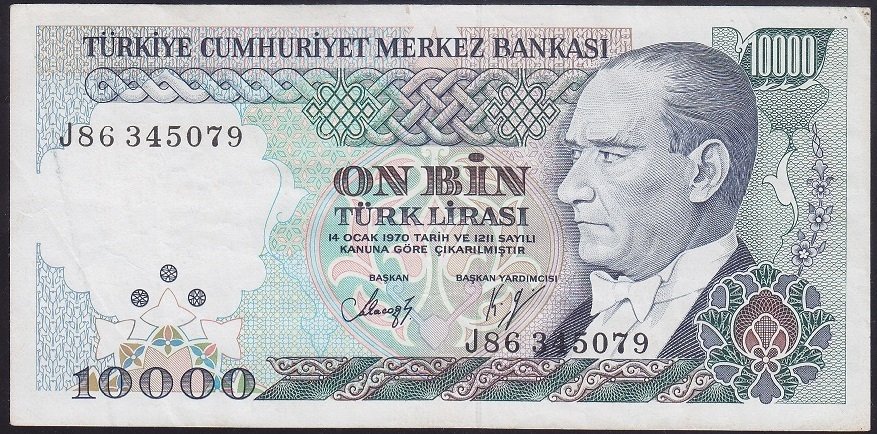 7.EMİSYON 4.TERTİP 10000 LİRA J86 345079 ÇOK TEMİZ +