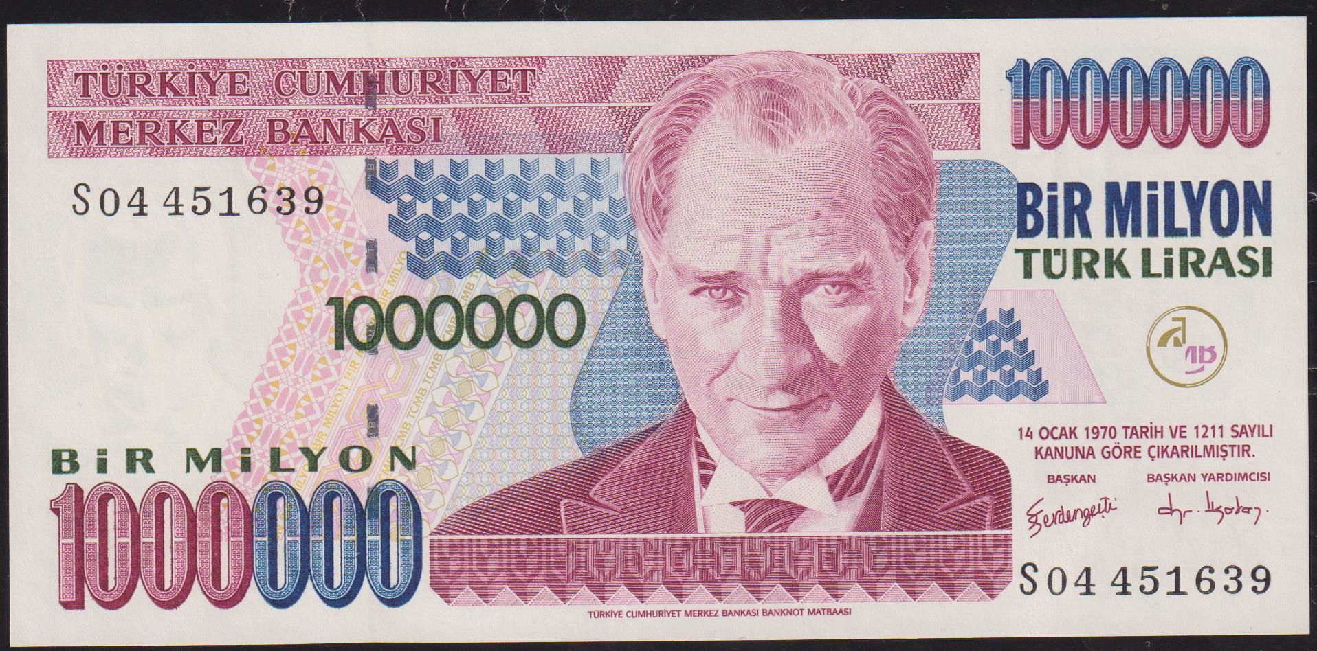 7.Emisyon 3.Tertip 1 000 000 Lira S04 451639 Çil